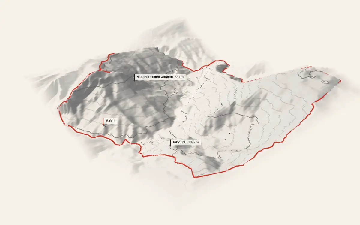 Aiglun vue en relief depuis le sud-ouest : le terrain va de 368 à 1 531 mètres d'altitude, et 218 bâtiments y sont dressés à leur hauteur réelle.