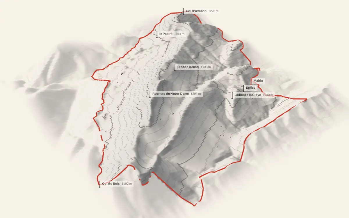 Amirat vue en relief depuis le sud-ouest : le terrain va de 720 à 1 365 mètres d'altitude, et 122 bâtiments y sont dressés à leur hauteur réelle.