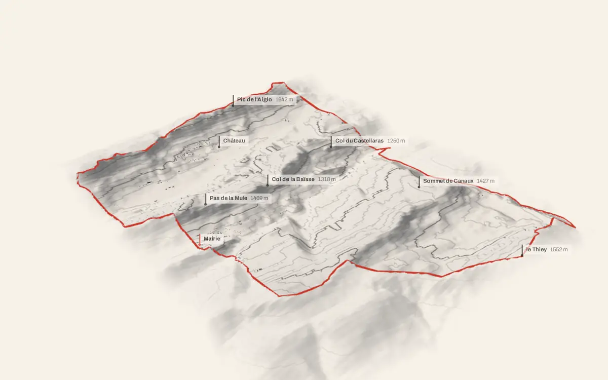 Andon vue en relief depuis le sud-ouest : le terrain va de 907 à 1 641 mètres d'altitude, et 800 bâtiments y sont dressés à leur hauteur réelle.