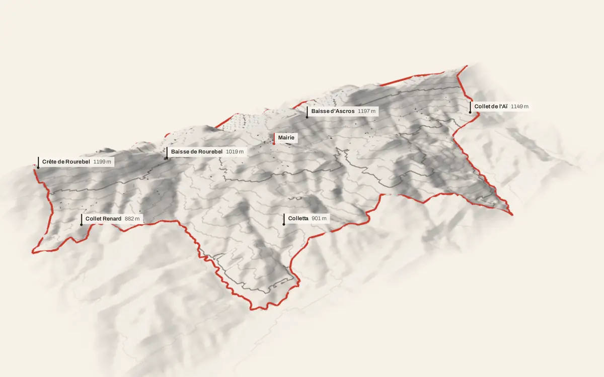 Ascros vue en relief depuis le sud-ouest : le terrain va de 574 à 1 439 mètres d'altitude, et 414 bâtiments y sont dressés à leur hauteur réelle.