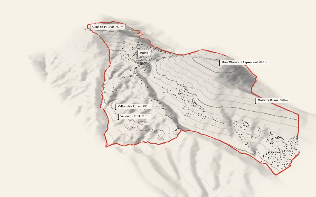 Aspremont vue en relief depuis le sud-ouest : le terrain va de 98 à 848 mètres d'altitude, et 2 271 bâtiments y sont dressés à leur hauteur réelle.