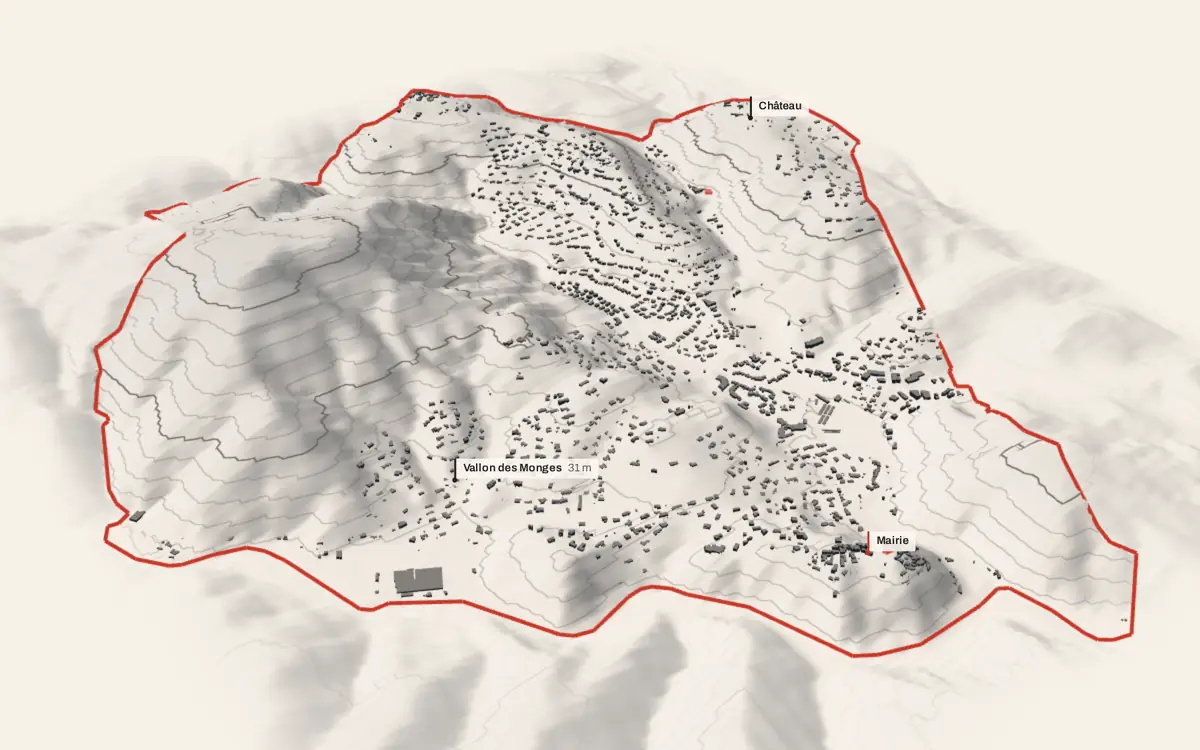 Auribeau-sur-Siagne vue en relief depuis le sud-ouest : le terrain va de 15 à 300 mètres d'altitude, et 3 093 bâtiments y sont dressés à leur hauteur réelle.