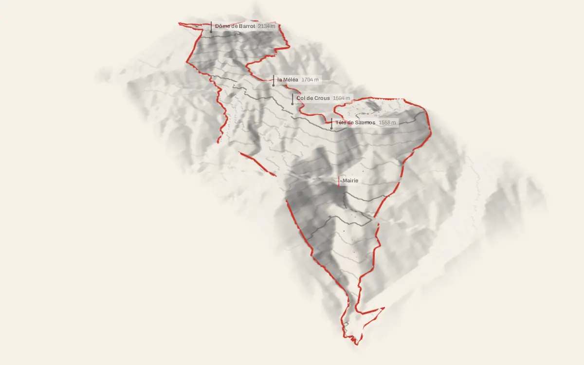 Auvare vue en relief depuis le sud-ouest : le terrain va de 473 à 2 133 mètres d'altitude, et 97 bâtiments y sont dressés à leur hauteur réelle.