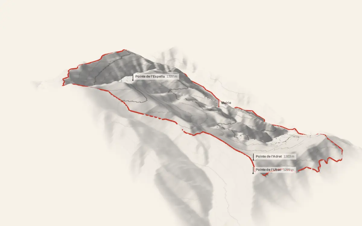Bairols vue en relief depuis le sud-ouest : le terrain va de 273 à 1 787 mètres d'altitude, et 154 bâtiments y sont dressés à leur hauteur réelle.