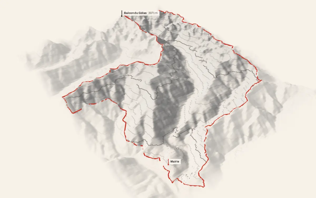 Belvédère vue en relief depuis le sud-ouest : le terrain va de 578 à 3 060 mètres d'altitude, et 1 865 bâtiments y sont dressés à leur hauteur réelle.