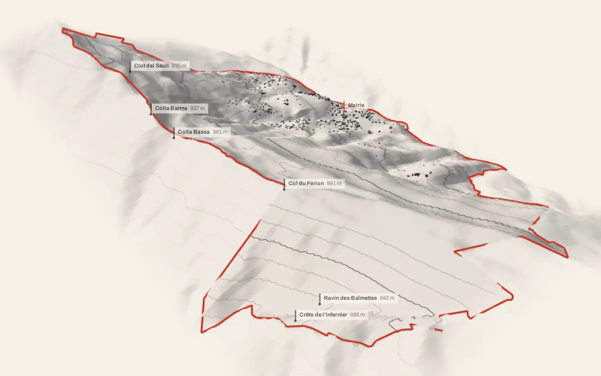 Bendejun vue en relief depuis le sud-ouest : le terrain va de 230 à 1 103 mètres d'altitude, et 784 bâtiments y sont dressés à leur hauteur réelle.