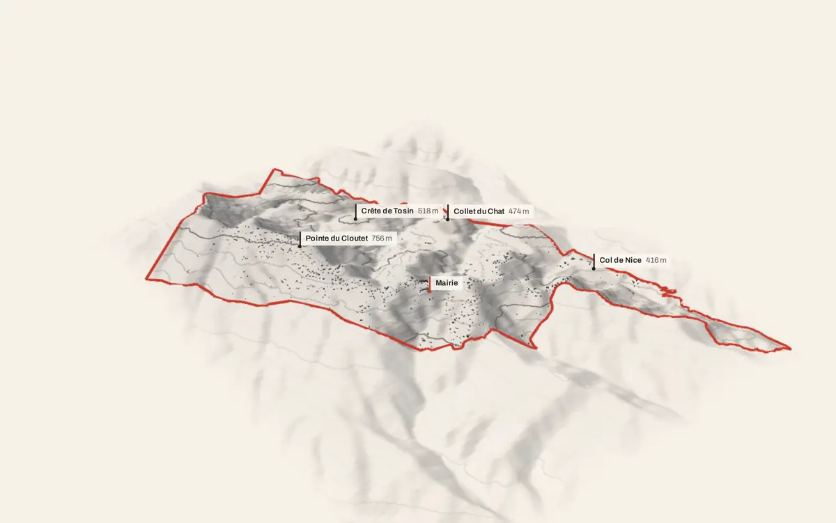 Berre-les-Alpes vue en relief depuis le sud-ouest : le terrain va de 225 à 811 mètres d'altitude, et 1 455 bâtiments y sont dressés à leur hauteur réelle.
