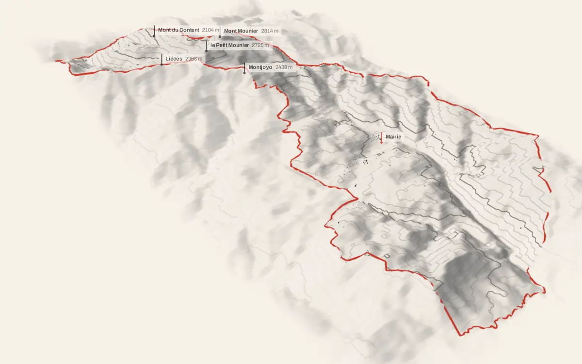 Beuil vue en relief depuis le sud-ouest : le terrain va de 1 070 à 2 778 mètres d'altitude, et 1 308 bâtiments y sont dressés à leur hauteur réelle.