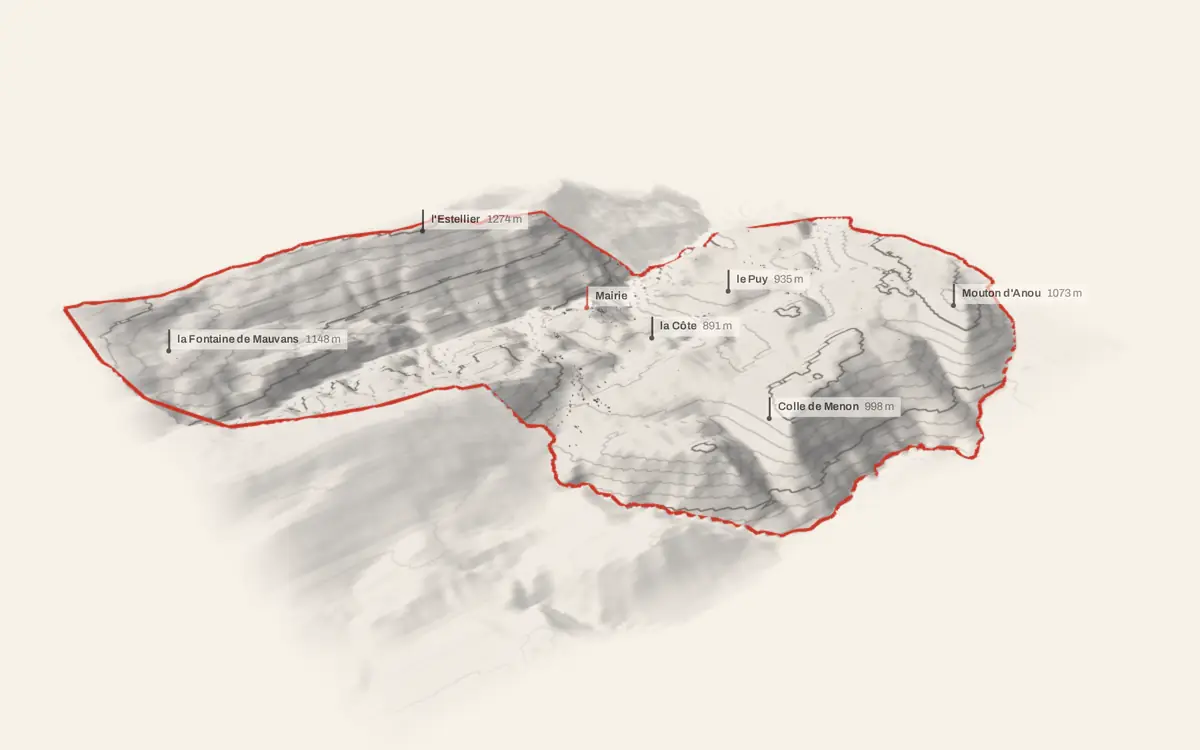 Bézaudun-les-Alpes vue en relief depuis le sud-ouest : le terrain va de 569 à 1 356 mètres d'altitude, et 415 bâtiments y sont dressés à leur hauteur réelle.