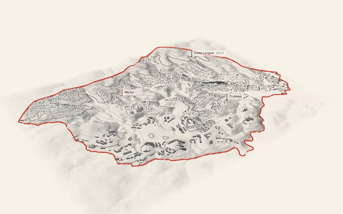 Biot vue en relief depuis le sud-ouest : le terrain va de 6 à 206 mètres d'altitude, et 8 278 bâtiments y sont dressés à leur hauteur réelle.