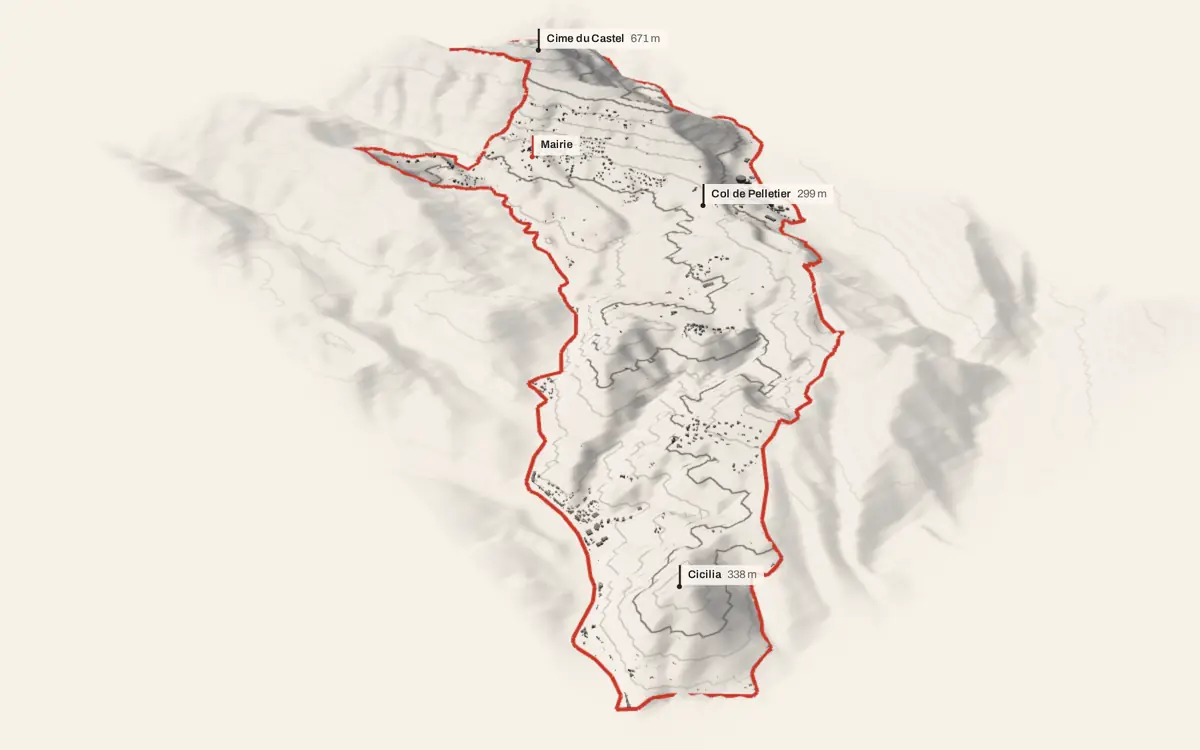 Blausasc vue en relief depuis le sud-ouest : le terrain va de 109 à 669 mètres d'altitude, et 1 462 bâtiments y sont dressés à leur hauteur réelle.