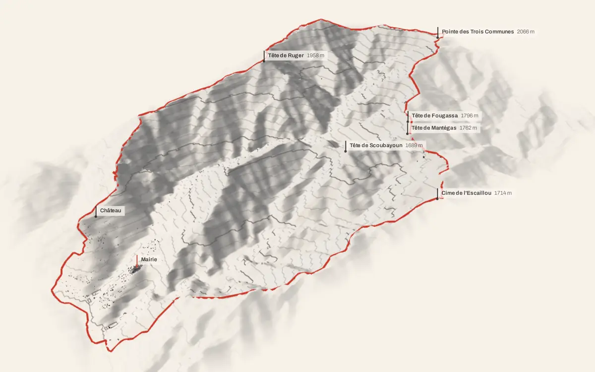 La Bollène-Vésubie vue en relief depuis le sud-ouest : le terrain va de 468 à 2 139 mètres d'altitude, et 947 bâtiments y sont dressés à leur hauteur réelle.