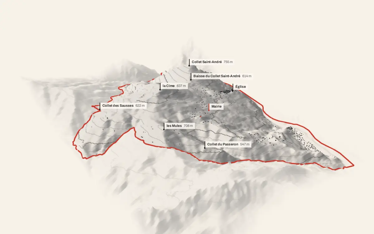 Bonson vue en relief depuis le sud-ouest : le terrain va de 121 à 839 mètres d'altitude, et 871 bâtiments y sont dressés à leur hauteur réelle.