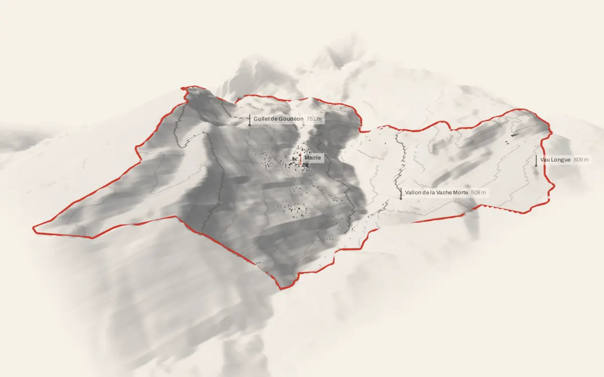Bouyon vue en relief depuis le sud-ouest : le terrain va de 151 à 1 257 mètres d'altitude, et 716 bâtiments y sont dressés à leur hauteur réelle.