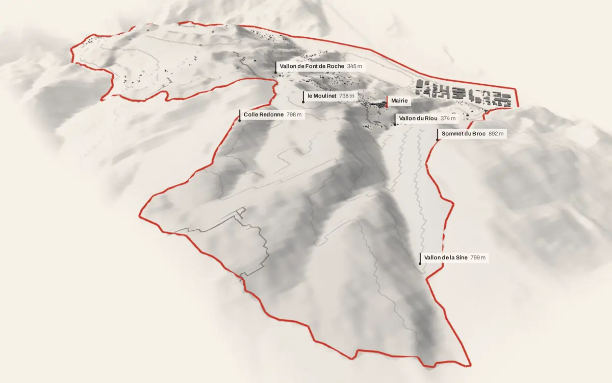 Le Broc vue en relief depuis le sud-ouest : le terrain va de 89 à 1 030 mètres d'altitude, et 1 456 bâtiments y sont dressés à leur hauteur réelle.