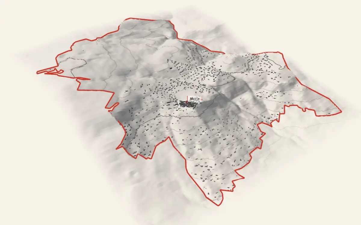 Cabris vue en relief depuis le sud-ouest : le terrain va de 233 à 758 mètres d'altitude, et 2 110 bâtiments y sont dressés à leur hauteur réelle.