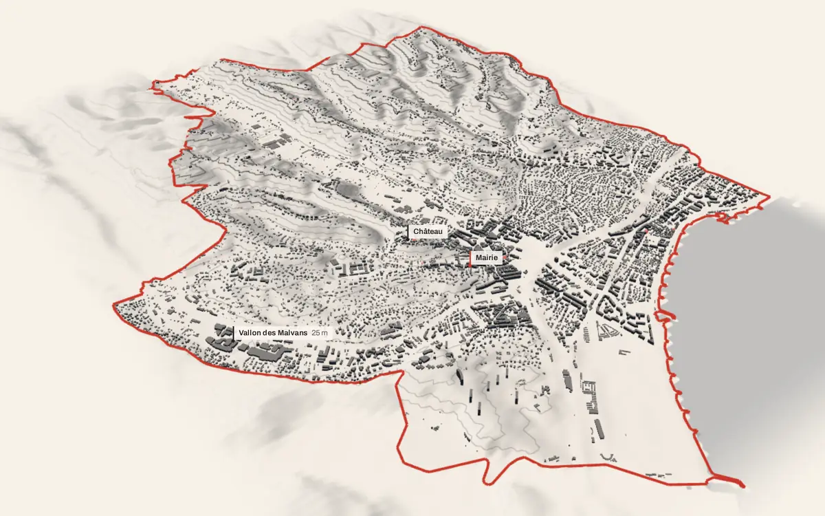 Cagnes-sur-Mer vue en relief depuis le sud-ouest : le terrain va de 1 à 188 mètres d'altitude, et 15 937 bâtiments y sont dressés à leur hauteur réelle, la mer occupant le bas de l'image.