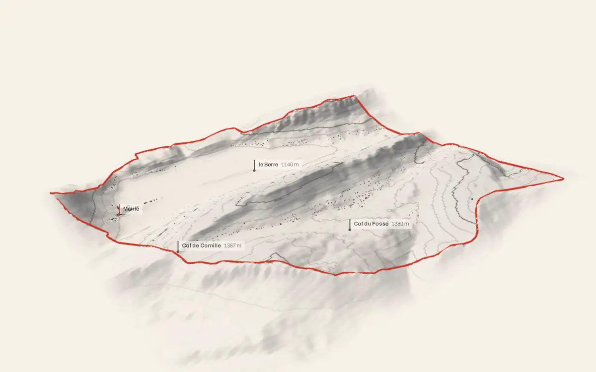 Caille vue en relief depuis le sud-ouest : le terrain va de 1 123 à 1 641 mètres d'altitude, et 765 bâtiments y sont dressés à leur hauteur réelle.