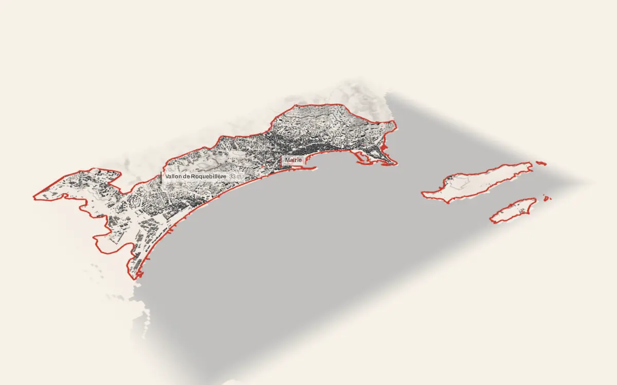 Cannes vue en relief depuis le sud-ouest : le terrain va de 0 à 258 mètres d'altitude, et 15 964 bâtiments y sont dressés à leur hauteur réelle, la mer occupant le bas de l'image.