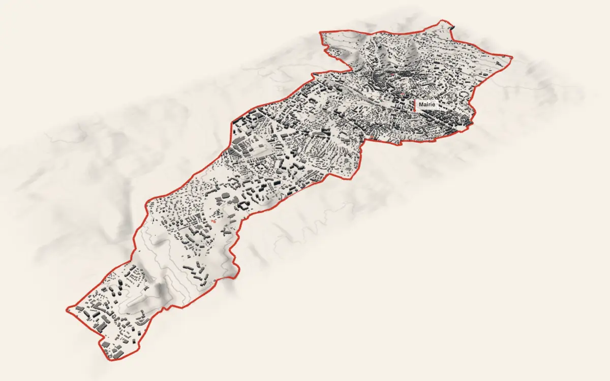 Le Cannet vue en relief depuis le sud-ouest : le terrain va de 11 à 280 mètres d'altitude, et 10 031 bâtiments y sont dressés à leur hauteur réelle.
