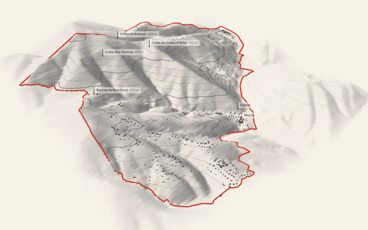 Cantaron vue en relief depuis le sud-ouest : le terrain va de 91 à 791 mètres d'altitude, et 1 286 bâtiments y sont dressés à leur hauteur réelle.