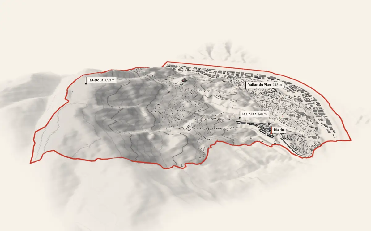 Carros vue en relief depuis le sud-ouest : le terrain va de 59 à 942 mètres d'altitude, et 5 431 bâtiments y sont dressés à leur hauteur réelle.