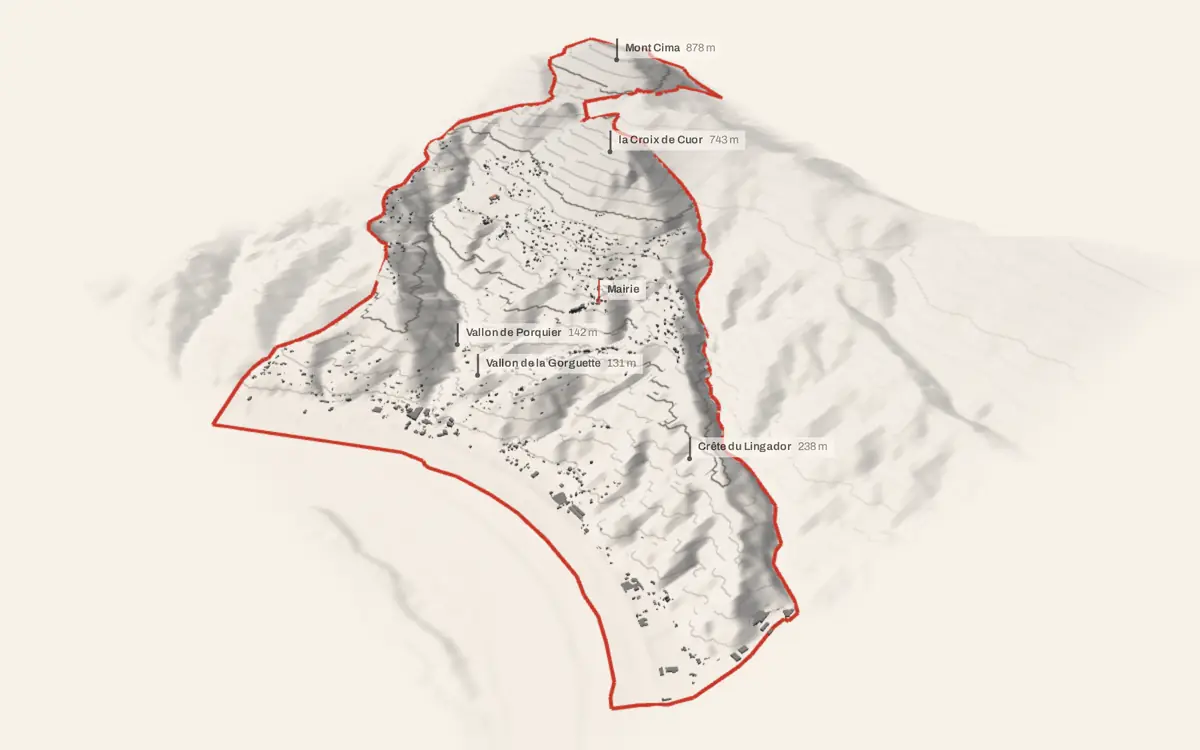 Castagniers vue en relief depuis le sud-ouest : le terrain va de 65 à 876 mètres d'altitude, et 1 588 bâtiments y sont dressés à leur hauteur réelle.