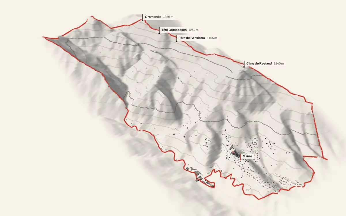 Castellar vue en relief depuis le sud-ouest : le terrain va de 100 à 1 364 mètres d'altitude, et 1 432 bâtiments y sont dressés à leur hauteur réelle.