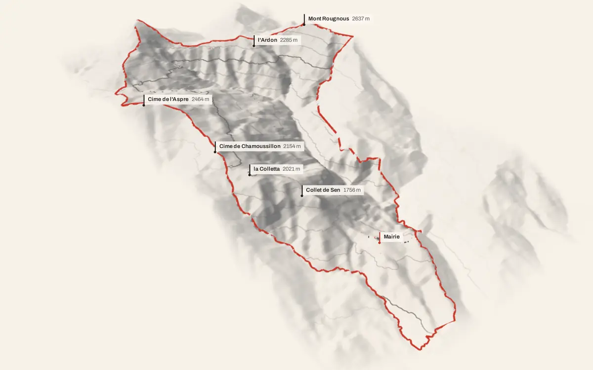 Châteauneuf-d'Entraunes vue en relief depuis le sud-ouest : le terrain va de 881 à 2 798 mètres d'altitude, et 174 bâtiments y sont dressés à leur hauteur réelle.