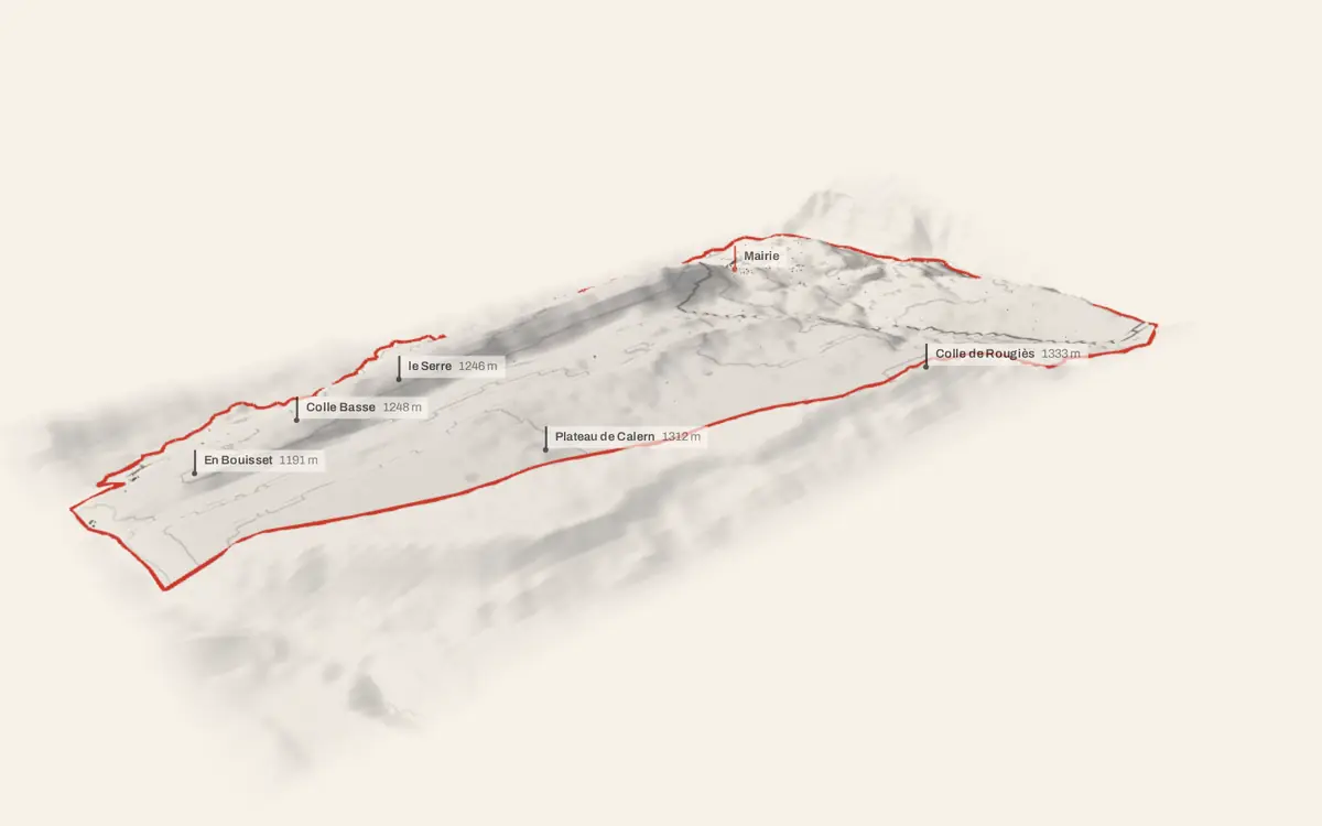 Cipières vue en relief depuis le sud-ouest : le terrain va de 458 à 1 381 mètres d'altitude, et 503 bâtiments y sont dressés à leur hauteur réelle.