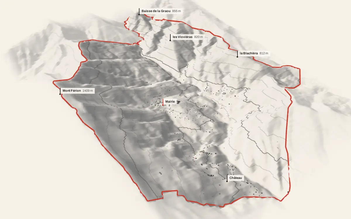 Coaraze vue en relief depuis le sud-ouest : le terrain va de 296 à 1 409 mètres d'altitude, et 1 010 bâtiments y sont dressés à leur hauteur réelle.