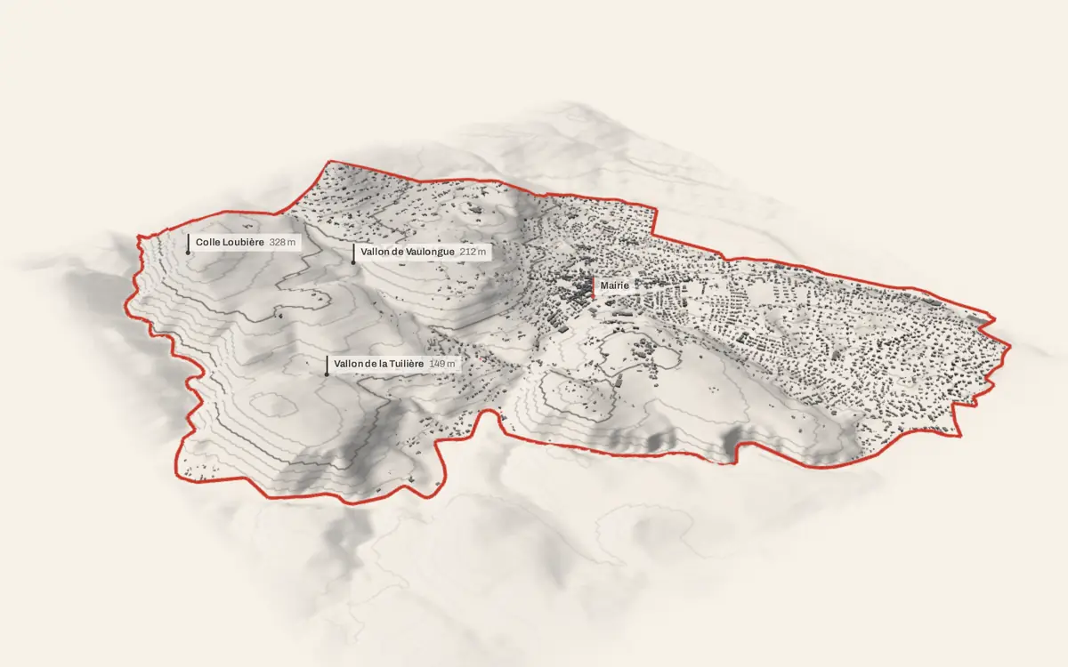 La Colle-sur-Loup vue en relief depuis le sud-ouest : le terrain va de 13 à 354 mètres d'altitude, et 8 443 bâtiments y sont dressés à leur hauteur réelle.
