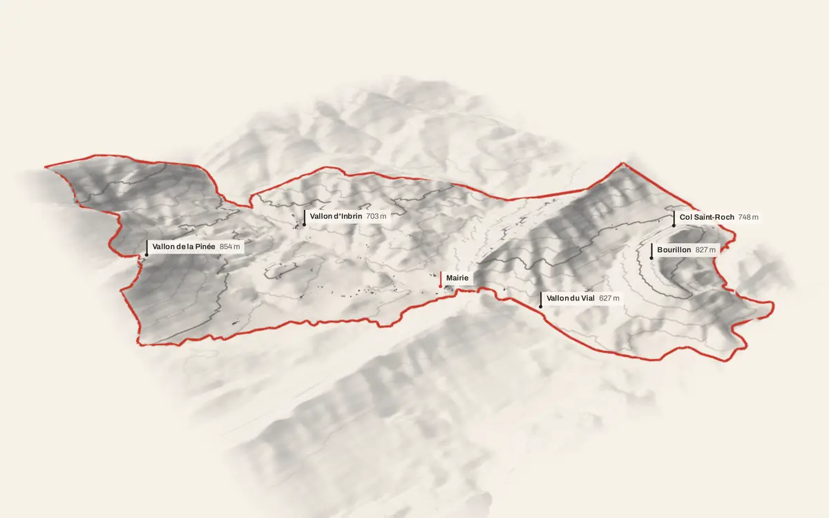 Collongues vue en relief depuis le sud-ouest : le terrain va de 569 à 1 211 mètres d'altitude, et 201 bâtiments y sont dressés à leur hauteur réelle.