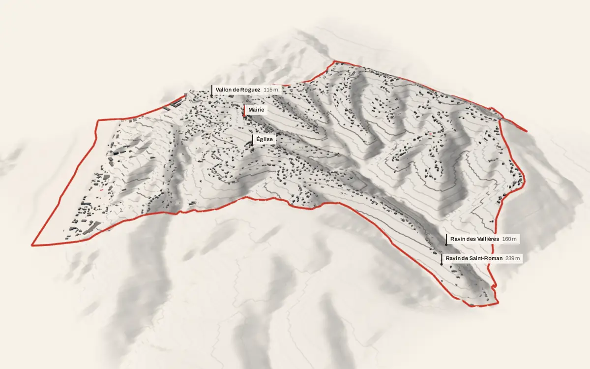 Colomars vue en relief depuis le sud-ouest : le terrain va de 57 à 397 mètres d'altitude, et 2 847 bâtiments y sont dressés à leur hauteur réelle.