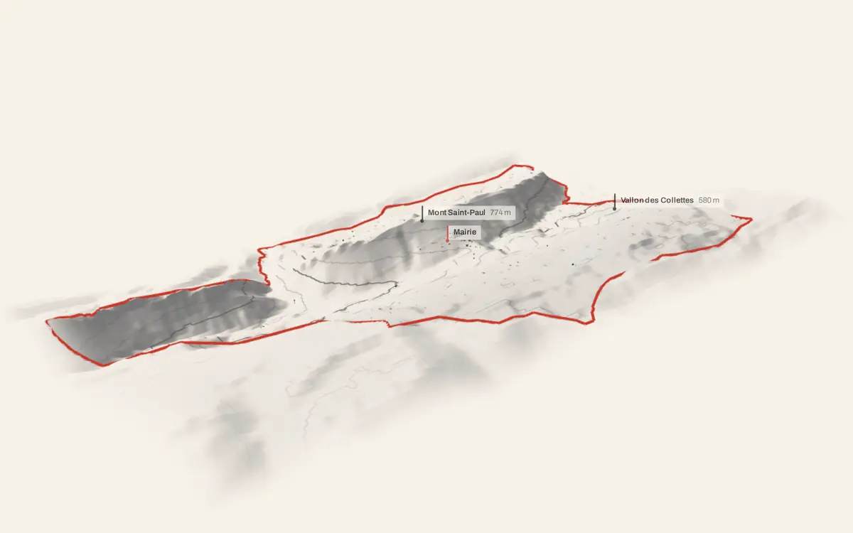 Conségudes vue en relief depuis le sud-ouest : le terrain va de 256 à 1 461 mètres d'altitude, et 203 bâtiments y sont dressés à leur hauteur réelle.