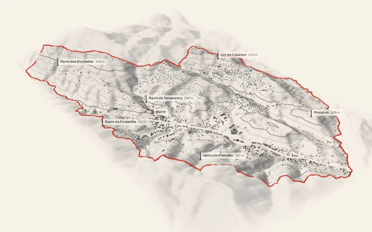 Contes vue en relief depuis le sud-ouest : le terrain va de 126 à 641 mètres d'altitude, et 7 001 bâtiments y sont dressés à leur hauteur réelle.