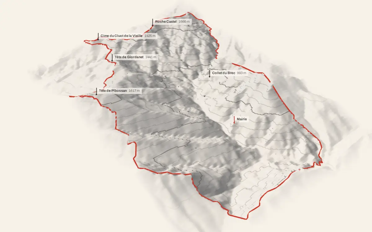 La Croix-sur-Roudoule vue en relief depuis le sud-ouest : le terrain va de 491 à 1 741 mètres d'altitude, et 259 bâtiments y sont dressés à leur hauteur réelle.