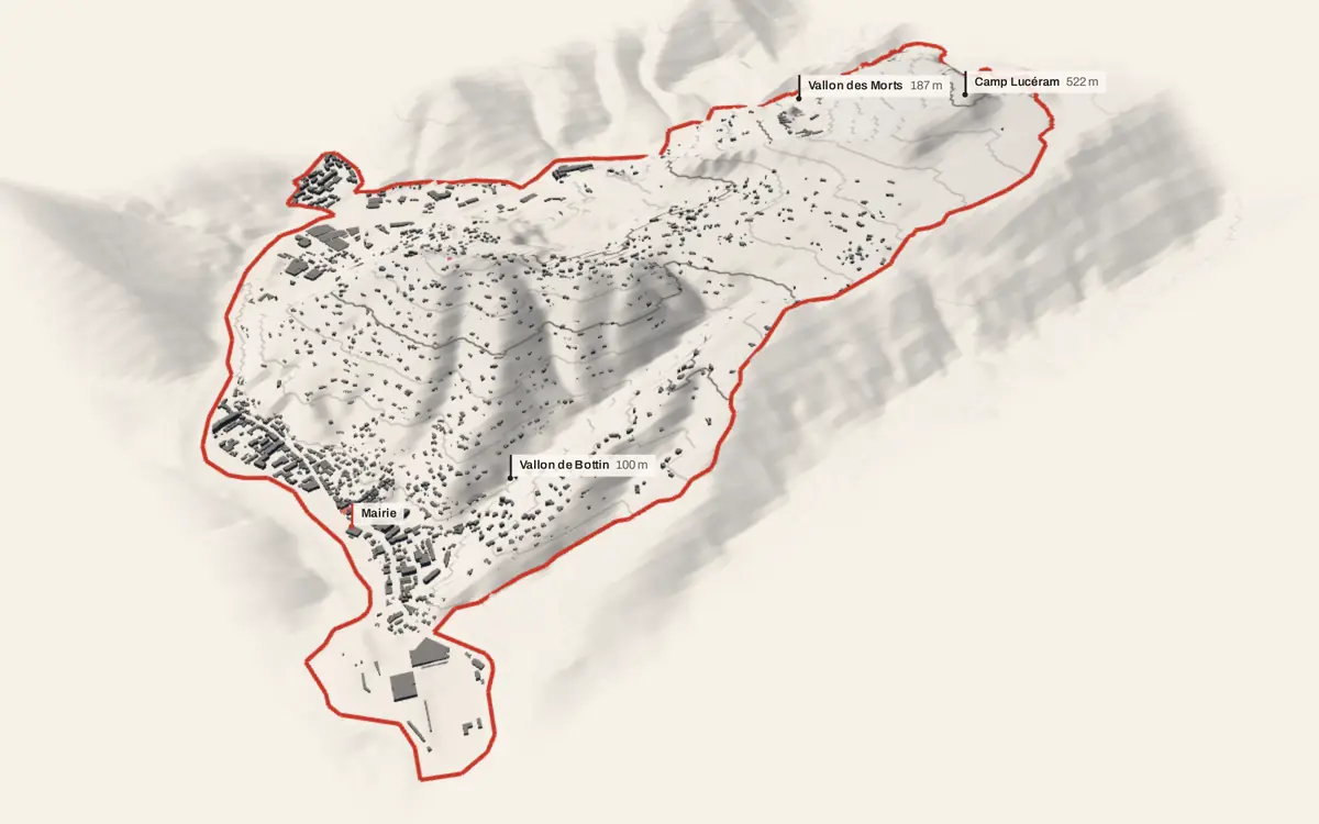 Drap vue en relief depuis le sud-ouest : le terrain va de 75 à 523 mètres d'altitude, et 2 491 bâtiments y sont dressés à leur hauteur réelle.