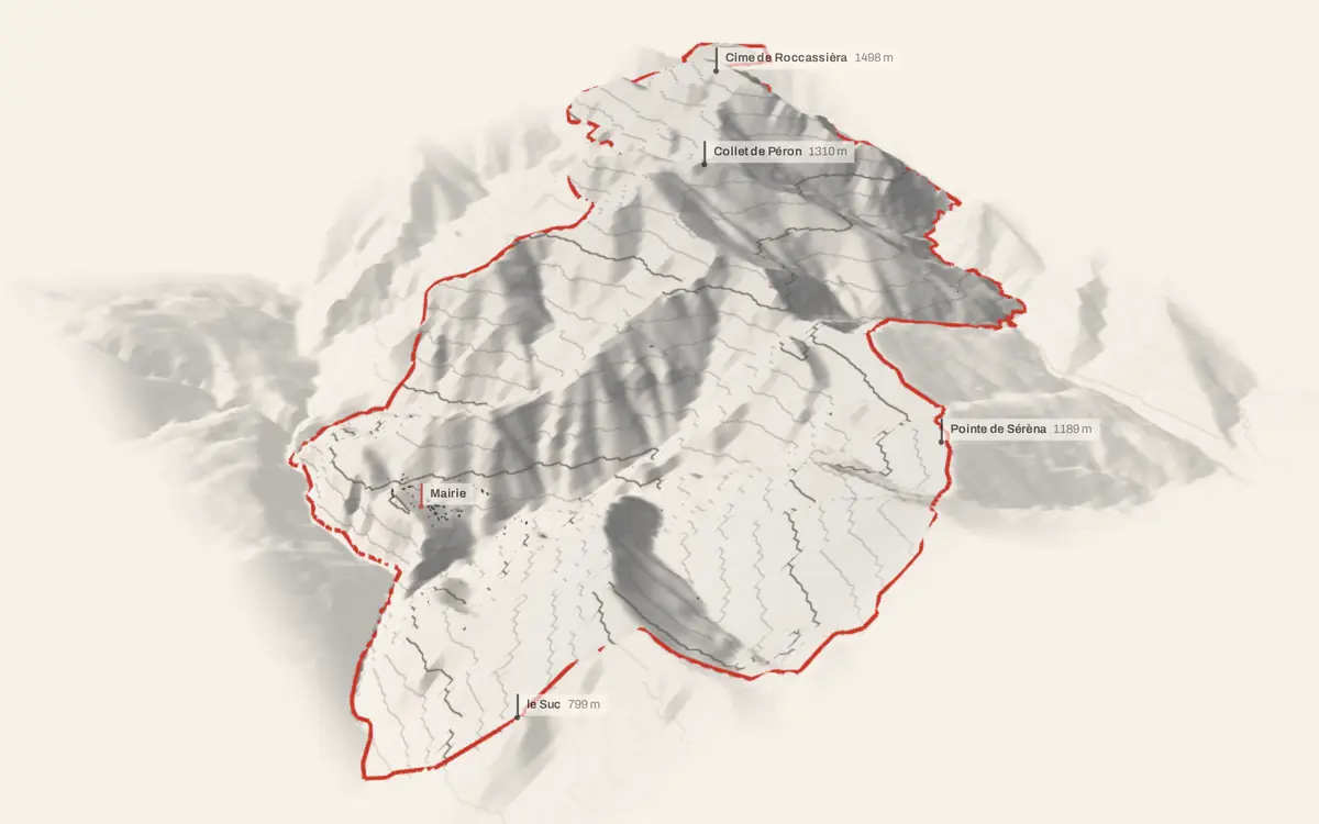Duranus vue en relief depuis le sud-ouest : le terrain va de 194 à 1 496 mètres d'altitude, et 205 bâtiments y sont dressés à leur hauteur réelle.