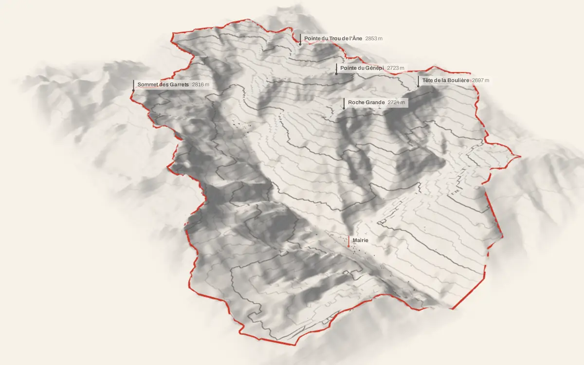Entraunes vue en relief depuis le sud-ouest : le terrain va de 1 108 à 2 872 mètres d'altitude, et 345 bâtiments y sont dressés à leur hauteur réelle.