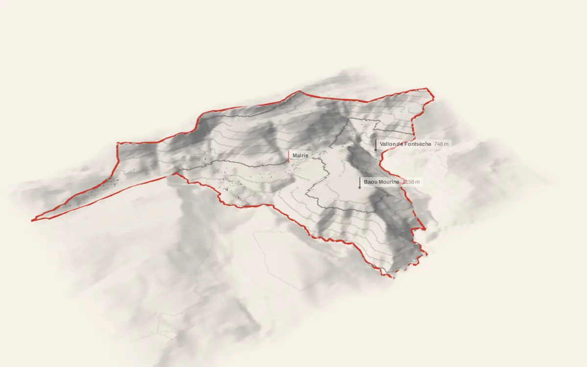 Escragnolles vue en relief depuis le sud-ouest : le terrain va de 395 à 1 639 mètres d'altitude, et 644 bâtiments y sont dressés à leur hauteur réelle.