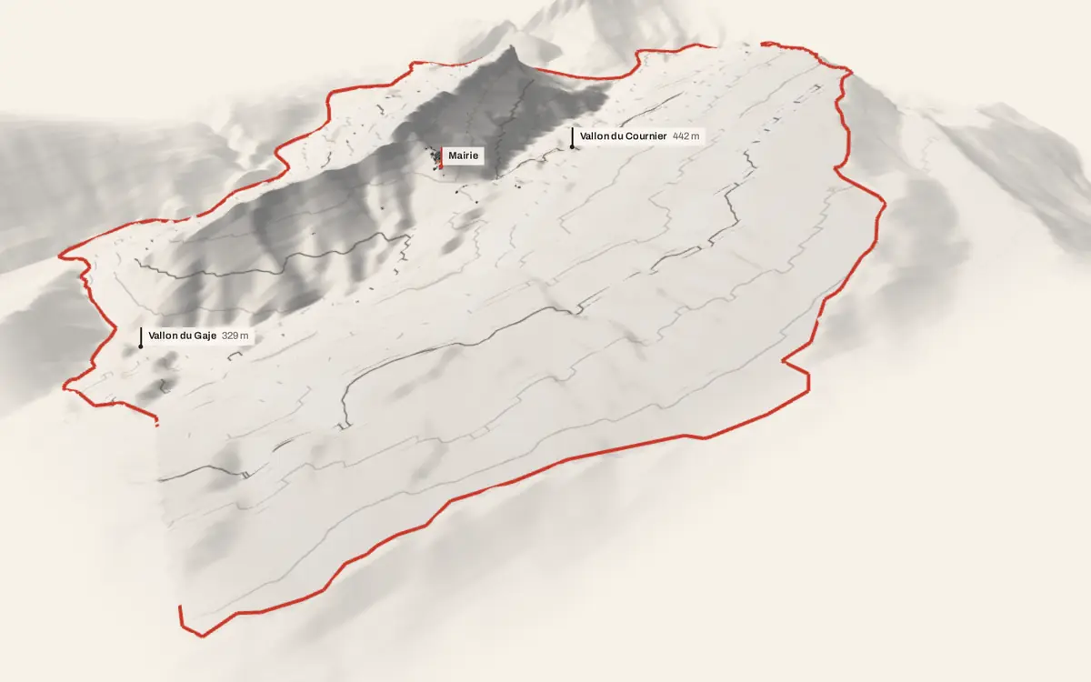 Les Ferres vue en relief depuis le sud-ouest : le terrain va de 181 à 1 271 mètres d'altitude, et 187 bâtiments y sont dressés à leur hauteur réelle.