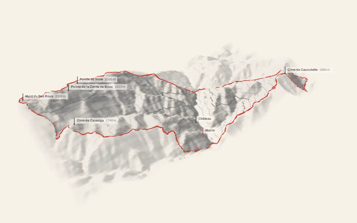 Fontan vue en relief depuis le sud-ouest : le terrain va de 401 à 2 450 mètres d'altitude, et 729 bâtiments y sont dressés à leur hauteur réelle.