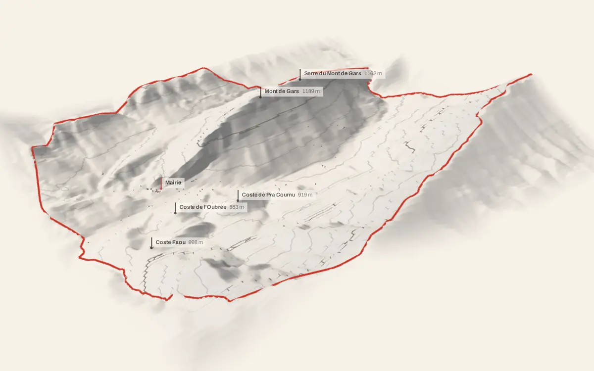 Gars vue en relief depuis le sud-ouest : le terrain va de 611 à 1 637 mètres d'altitude, et 259 bâtiments y sont dressés à leur hauteur réelle.