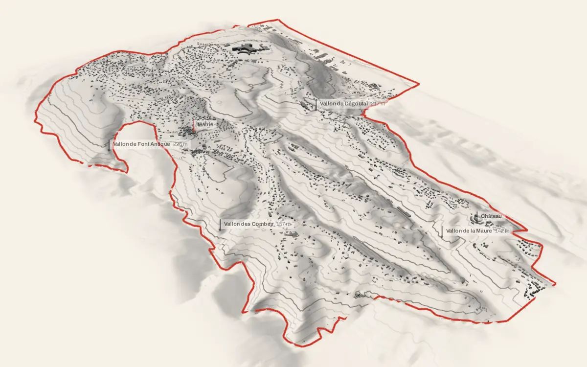 La Gaude vue en relief depuis le sud-ouest : le terrain va de 23 à 349 mètres d'altitude, et 6 607 bâtiments y sont dressés à leur hauteur réelle.
