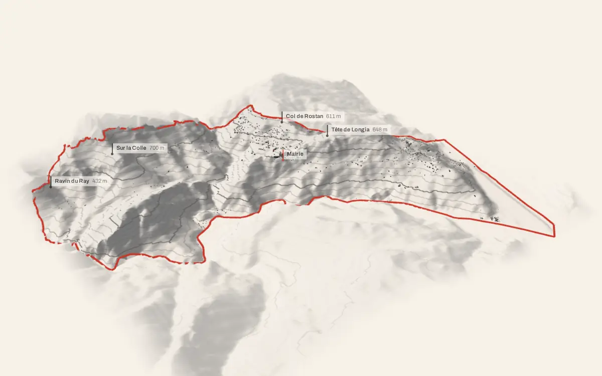 Gilette vue en relief depuis le sud-ouest : le terrain va de 100 à 857 mètres d'altitude, et 1 612 bâtiments y sont dressés à leur hauteur réelle.
