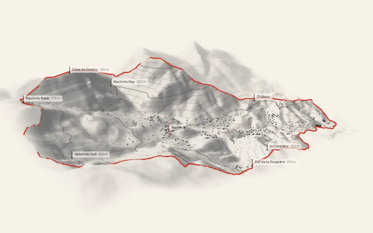 Gorbio vue en relief depuis le sud-ouest : le terrain va de 70 à 969 mètres d'altitude, et 1 299 bâtiments y sont dressés à leur hauteur réelle.