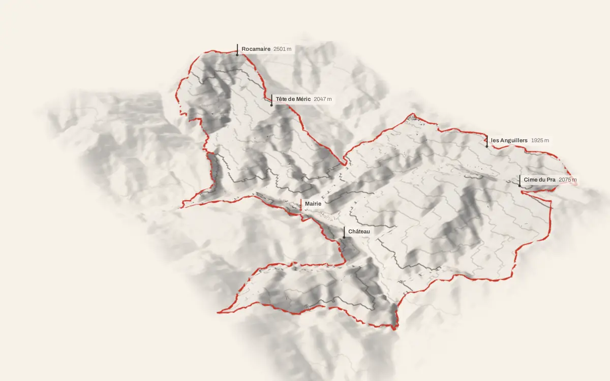 Guillaumes vue en relief depuis le sud-ouest : le terrain va de 684 à 2 559 mètres d'altitude, et 1 309 bâtiments y sont dressés à leur hauteur réelle.
