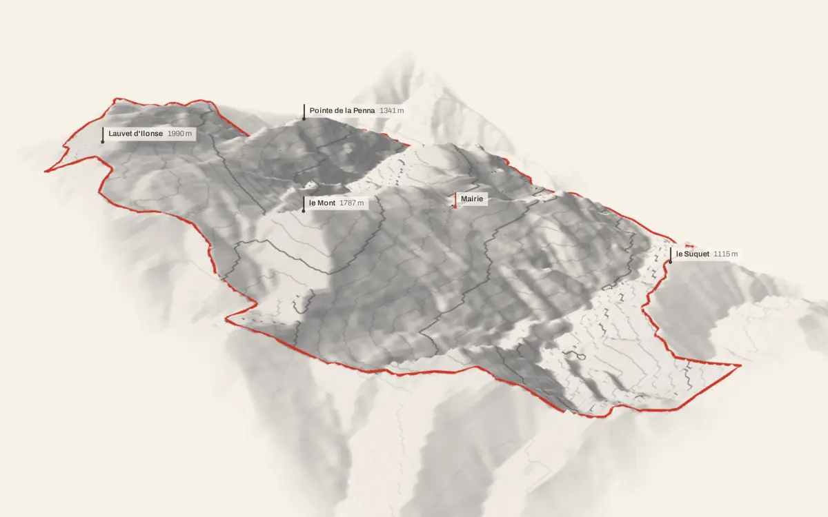 Ilonse vue en relief depuis le sud-ouest : le terrain va de 343 à 1 990 mètres d'altitude, et 324 bâtiments y sont dressés à leur hauteur réelle.