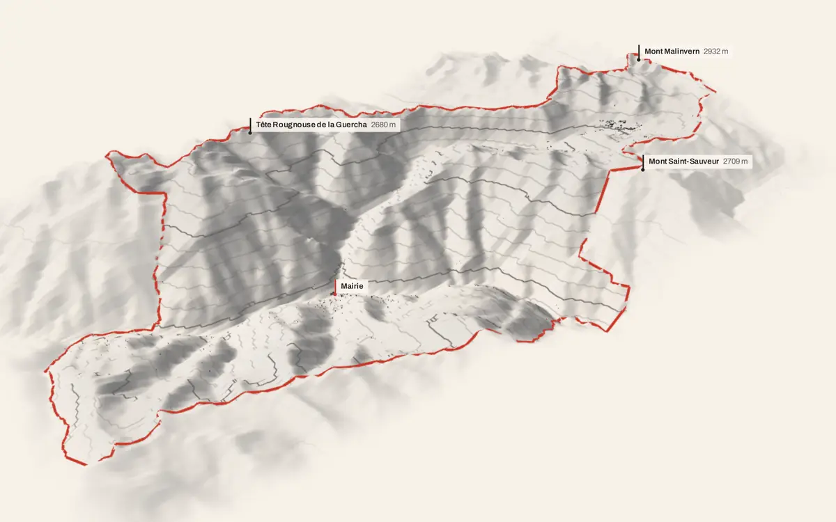 Isola vue en relief depuis le sud-ouest : le terrain va de 735 à 2 899 mètres d'altitude, et 1 250 bâtiments y sont dressés à leur hauteur réelle.
